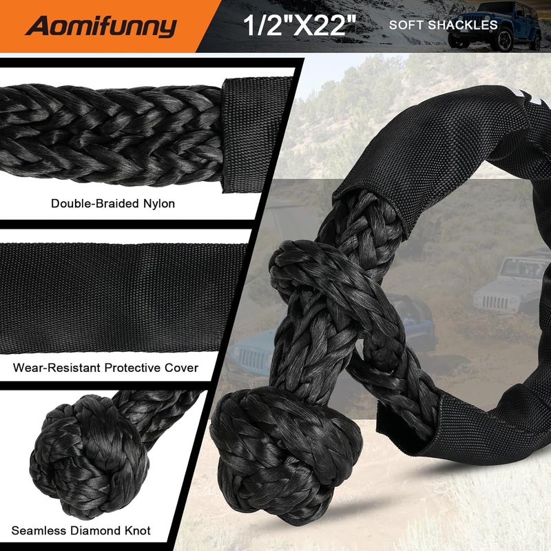 Aomifunny 1" x30ft Kinetic Recovery Tow Rope Kit, 48,800 lbs Break Strength, 35% Elasticity, with 2 Soft Shackles, Heavy Duty Tow Strap for Offroad Jeep, SUV, Truck, ATV, UTV, Tractor & 4x4 Vehicles - Image 4